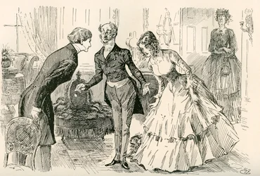 David Ontmoet Dora en Miss Murdstone, illustratie door Harry Furniss voor de roman David Copperfield van Charles Dickens