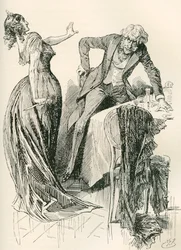 Edith en Mr. Carker. "Hij kwam vrolijk naar haar toe, toen ze in een oogwenk het mes van de tafel pakte en een stap achteruit deed. "Blijf staan," zei ze, "of ik vermoord je!" Illustratie voor de roman van Charles Dickens