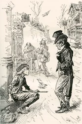Oliver ontmoet The Artful Dodger. "Hullo, mijn vriend, wat is er aan de hand?" zei deze vreemde jonge heer tegen Oliver. "Ik ben erg hongerig en moe," antwoordde Oliver; de tranen stonden in zijn ogen terwijl hij sprak. "Ik heb een lange weg gelopen. Ik he