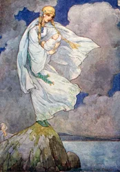 Ze had de baby meegenomen naar een grote grijze rots (kleurenlitho)