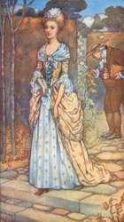 De koning en de dame, een legende over het bewind van koningin Anne (kleurenlitho)