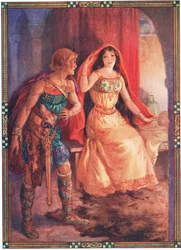 De dame onthulde haar gezicht (uit The Loathly Lady and the Gallant Knight) (kleurenlitho)