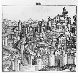Pisa na "Liber Chronicarum" door Hartmann Schedel. Neurenberg 1493
