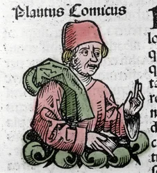 Portret van de komische auteur Plautus (Titus Maccius Plautus) (259/251-184 v.Chr.) Houtsnede van 
