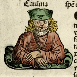 Afbeelding van Catilina (Lucius Sergius Catilina) (108-62 v.Chr.), een Romeinse politicus die tegen de Senaat samenzweerde. Gravure uit 