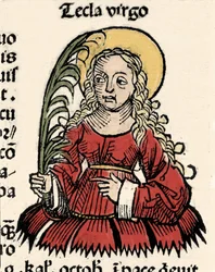 Voorstelling van de Maagd en Martelaarschap Thecle van Iconium (Santa Tecla) Houtsnede van 