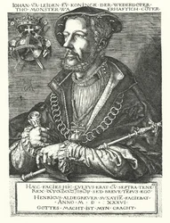 Jan van Leiden, Nederlandse wederdoper en een van de leiders van de Münsterse Opstand van 1534-1535 (gravure)