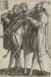 Drie trombonisten, plaat twaalf uit De grote bruiloftsdansers