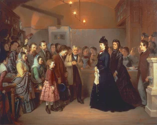 De keizerin Elisabeth van Oostenrijk bezoekt een gaarkeuken in de Schoenlaterngasse