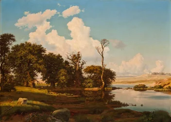 Deens: Deens landschap, eikenbomen aan een meer. Deens landschap, eikenbomen aan een meer.