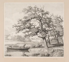 Landschap met eiken bij een meer, waar een oude man in een boot te zien is