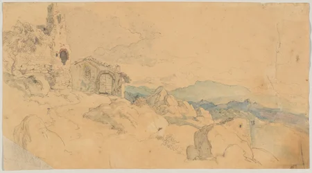 Berglandschap met hut en ruïne