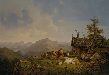Landschap in Oberbayen met herders en hun vee rustend bij een hut