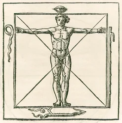 Man in een vierkant omringd door symbolen van het oog, slang, zeven sectie staf en schild. Gravure uit De occulta philosophia libri tres