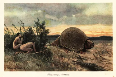 Primitieve mannen met speren jagen op een glyptodon