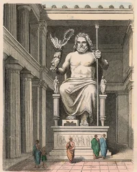 Oud Griekenland: Zeus-standbeeld in de tempel van Olympia - Beeldhouwwerk door Phidias, ca. 440/30 v.Chr. een van de Zeven Wereldwonderen