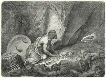 Aristomenes ontsnapt uit de put waarin hij door de Spartanen was gegooid (gravure)