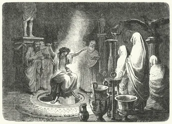 Pythia, Hogepriesteres van de Tempel van Apollo in Delphi (gravure)