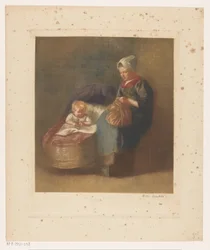 Handwerkende vrouw naast een kind een wieg