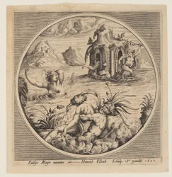 Mythologisch zeevoorwerp in een cirkel
