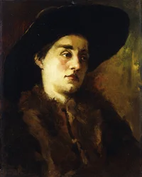 Portret van een dame met een bontjas en zwarte hoed