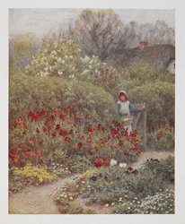 Een Vrouw opent een poort naar een tuin (illustratie uit 