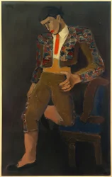 Torero leunt met een knie op een stoel