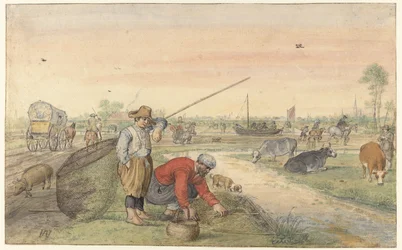 Landschap met twee palingvissers bij een sloot