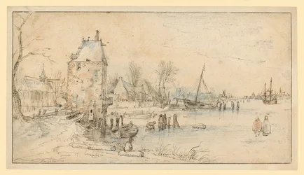 Dorp met wachttoren en kerk aan de oever van een meer