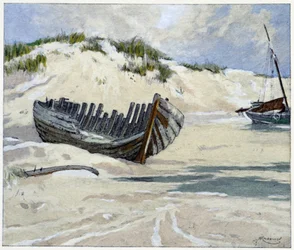 Fortuinen schepen op de duinen in "Garirlande des dunes", door Emile Verhaeren, geïllustreerd door H.Cassiers in Art-H.Piazza, Parijs 1927.