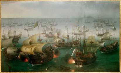 De onoverwinnelijke Armada tegen de Engelse vloot: ‘7e dag van de slag met de Armada, 07/08/1588’, schilderij van Hendrick Cornelisz Vroom (1566-1640)