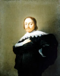 Portret van een heer in een zwart pak met kanten kraag