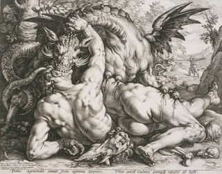 De draak die de metgezellen van Cadmus verslindt