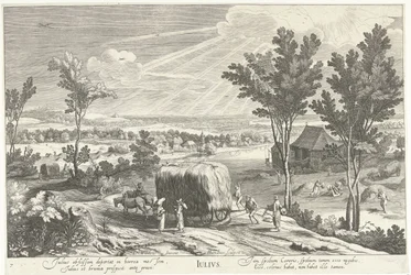 Juli, met boeren in een landschap