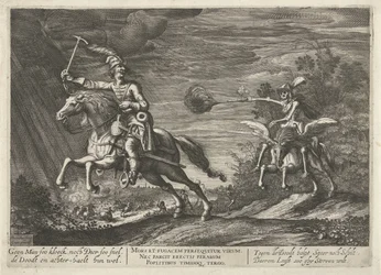 Ruiter en de Dood Geen Man soo kloeck, noch Dier soo snel, de Doodt en achterhaelt hun wel (titel op object)