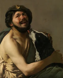 Een lachende bravo met zijn hond Diogenes, 1628