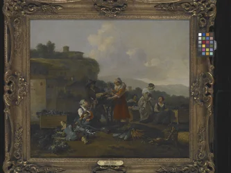 Een groentemarkt in Italië met figuren