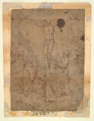 Christus aan het kruis tussen de Maagd en Sint-Jan met scènes van de Passie op de achtergrond