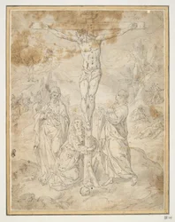 Christus aan het kruis tussen de Maagd en Sint Jan met scènes van de Passie op de achtergrond