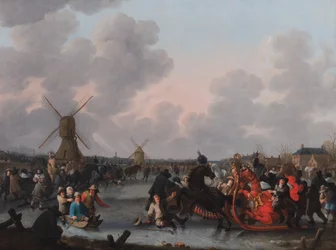 Een winterlandschap met talrijke door paarden getrokken sleeën op het ijs