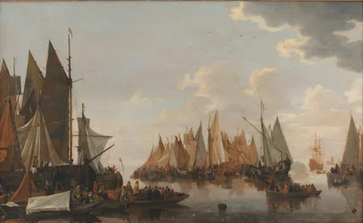 Inscheping van troepen op een Nederlandse rivier
