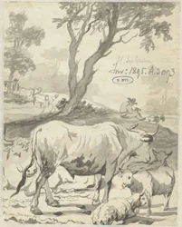 Herder met koeien en schapen onder een boom