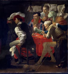 Roeping van Sint Mattheüs Jezus verlaat Kafarnaüm, ontmoet Mattheüs en vraagt hem hem te volgen. Deze staat op en volgt hem. Detail. Schilderij door Hendrik Ter Brugghen (1588-1629) 17e eeuw