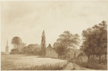 Gezicht op enkele huizen en een kerktoren bij Hilversum