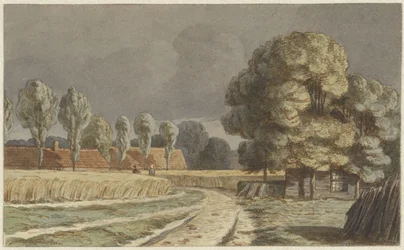 Korenveld tussen huizen onder een dreigende onweerslucht te Hilversum