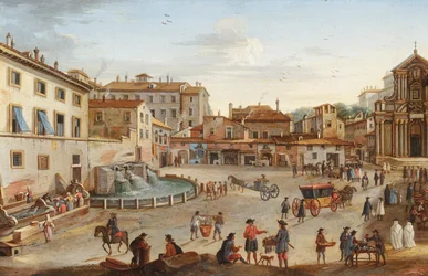 Rome, een gezicht op het Palazzo Barberini met veel figuren (olieverf op koper)