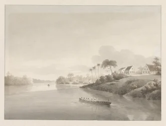 Gezicht op een aantal huizen aan een rivier, mogelijk de Jodensavanne