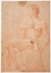 Mannelijk modelstudie, zittend met staf