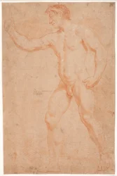 Mannelijk modelstudie, staand, met opgeheven arm