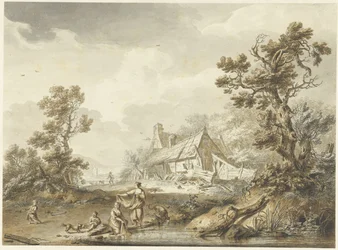 Boerderij met op de voorgrond wassende vrouwen